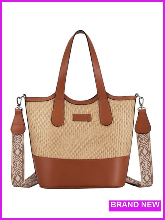 Handbags - Straw & Vegan Leather Bucket Bag Crossbody Tote